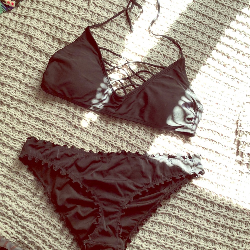 Black two piece swimsuit.